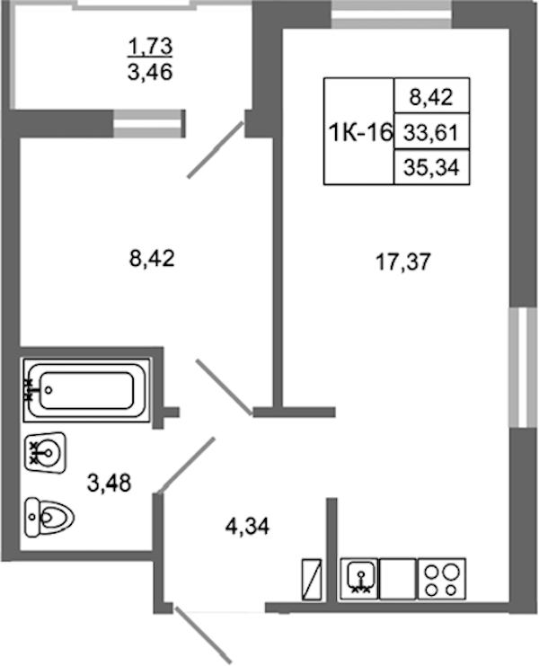 1-комнатная квартира 35.34 м², 9/17 эт., ЖК «Стороны Света 2»